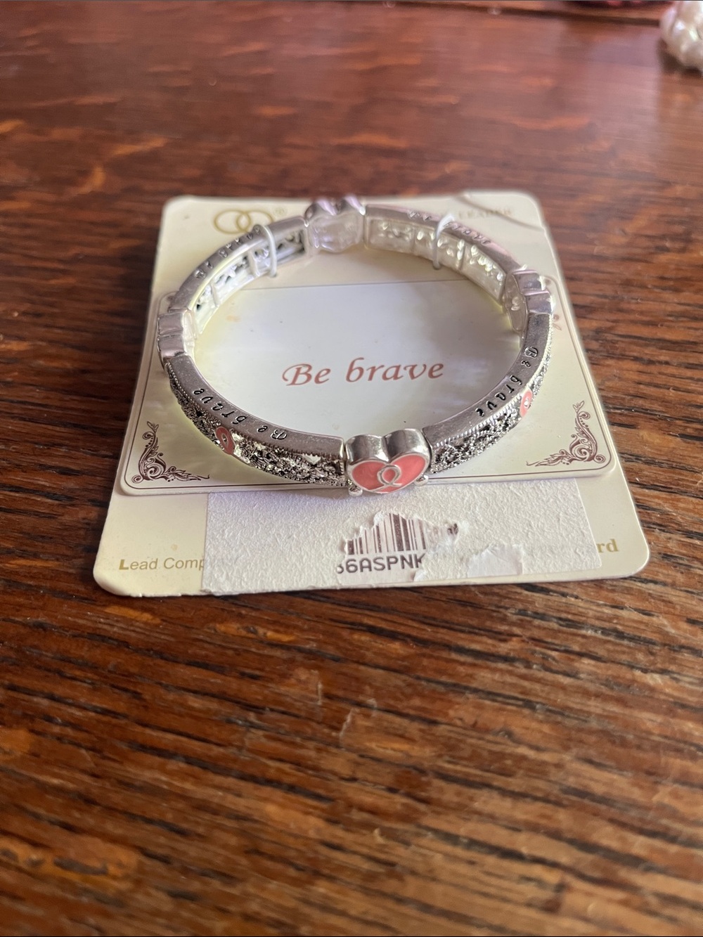 Silver-Tone Women's Bracelet with Pink Heart Accent and 'Be Brave' Detail